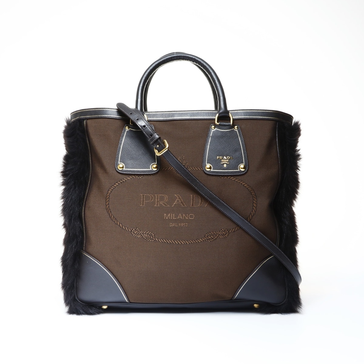 プラダ PRADA キャンバス ジャガード ロゴ ファー 2way トートバッグ【中古】