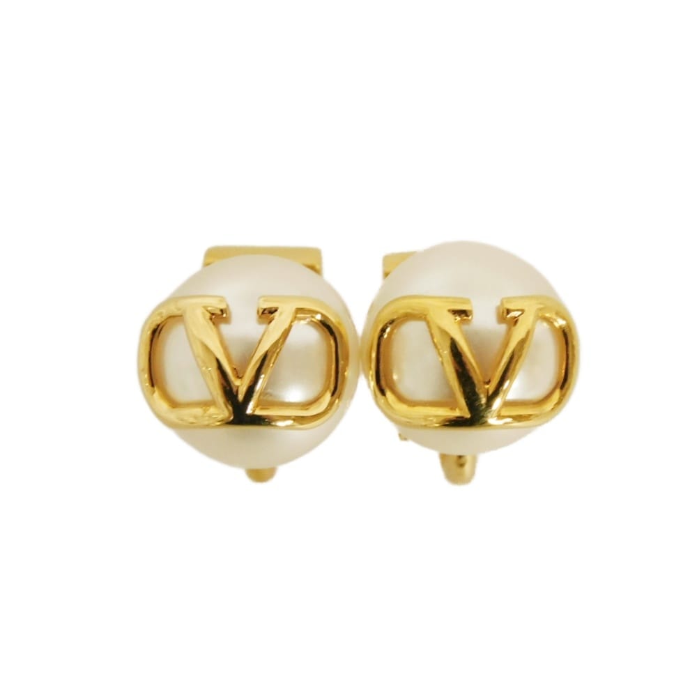 VALENTINO ヴァレンティノ Vロゴ シグネチャー パール ビーズ アイボリー ゴールド クリップ式 Vマーク クリーム イヤリング 3W2J0T71UXM