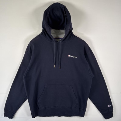 古着 チャンピオン Champion パーカー ワンポイントロゴプリント スウェット フーディ プルオーバー 大きいサイズ XL ネイビー メンズ