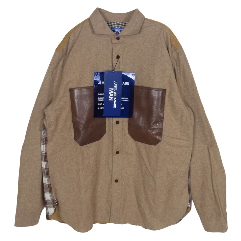 JUNYA WATANABE COMME des GARCONS MAN ジュンヤワタナベコムデギャルソンマン ジャケット 25AW WP-B011 ゴートレザーポケット 多素材切替 長袖 シャツ ライトブラウン系 L【極上美品】【中古】