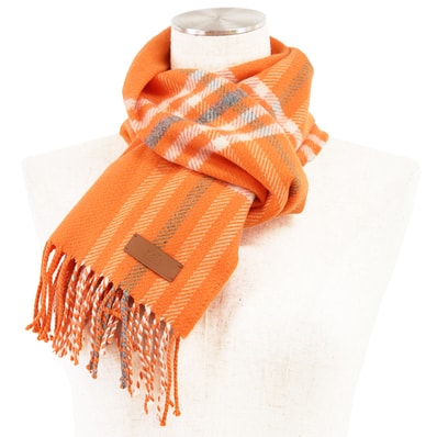 【極美品】HERMES エルメス マフラー メンズ レディース ユニセックス チェック柄 ロゴ刻印 レザーパッチ カシミヤ100% 小物 オレンジ ホワイト 白 橙色 イギリス製