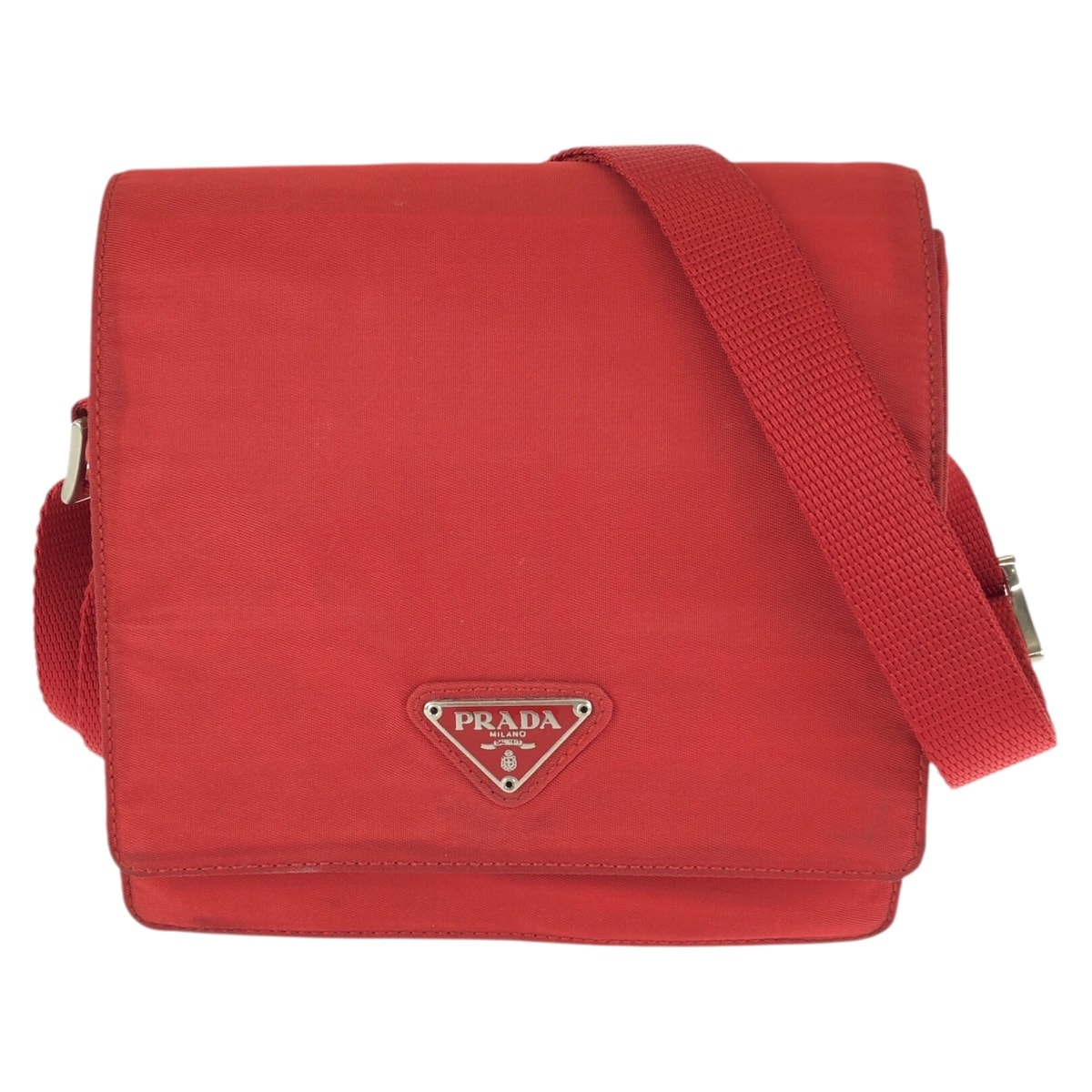 美品 PRADA プラダ テスート 三角ロゴプレート レッド シルバー金具 ナイロン ショルダーバッグ ポシェット 601686 【中古】