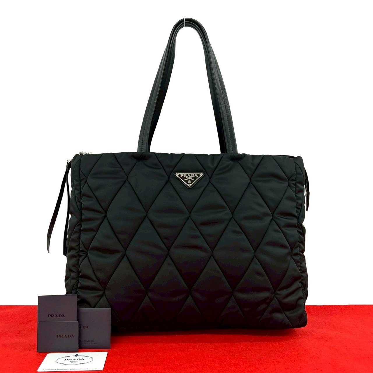 PRADA プラダ 三角ロゴ 金具 キルティング ナイロン レザー トートバッグ ブラック
44688