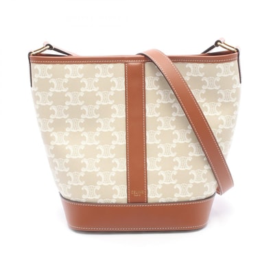 セリーヌ CELINE スモールバケット トリオンフ ショルダーバッグ バッグ PVCコーティングキャンバス レザー レディース ベージュ系 / ホワイト系 / ブラウン系 191442CAS 【中古】
