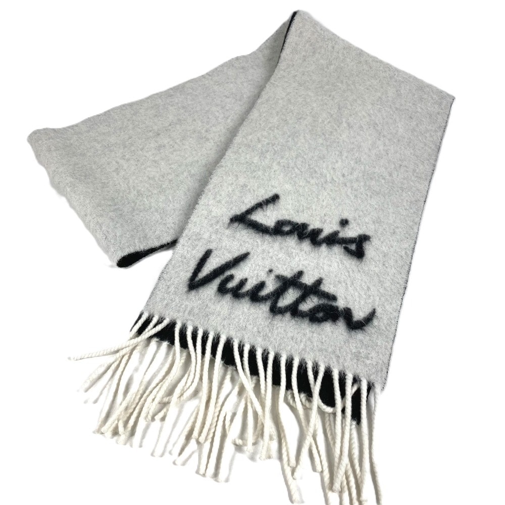 ルイヴィトン LOUIS VUITTON マフラー フラッフィーグラム M92527 フリンジ ロゴ マフラー ウール ホワイト