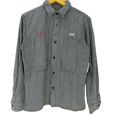 AUTHENTIC 90-00S OLD 黒タグ ショーンフォント ワールドツアー SSリンク 両面刺繍 ヒッコリー ストライプ デニム ワーク シャツ ジャケット【1143686886328】