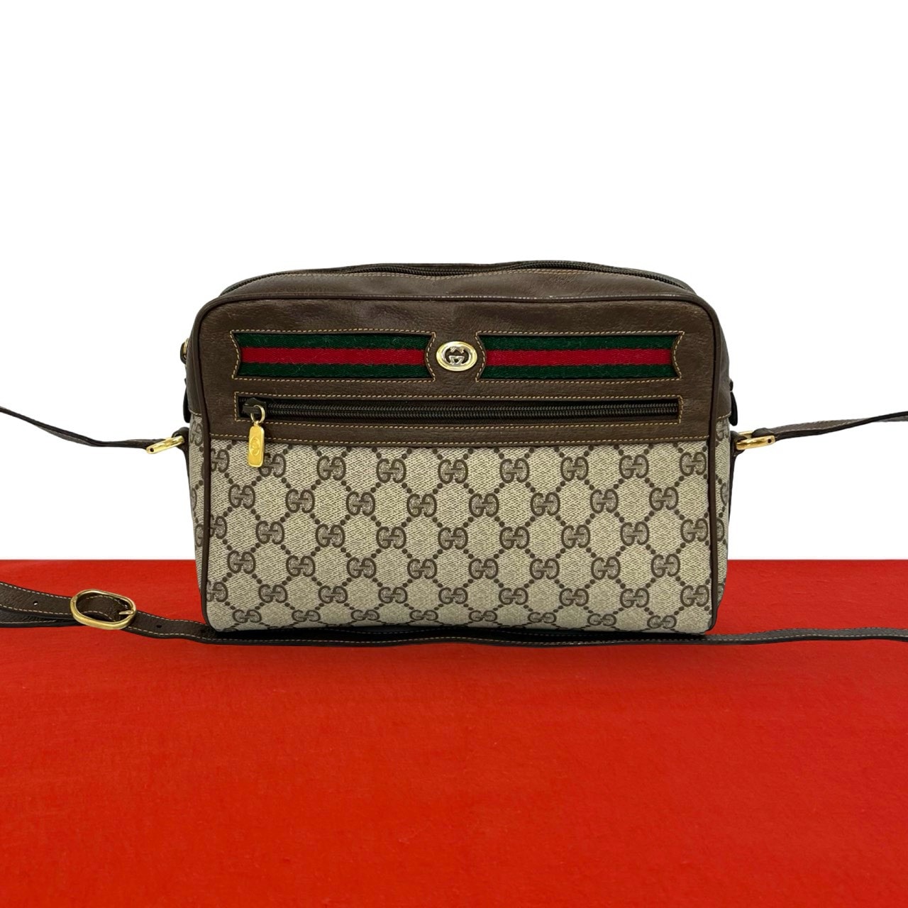 GUCCI グッチ シェリーライン GG ロゴ 柄 レザー PVC ショルダーバッグ ブラウン
 36839