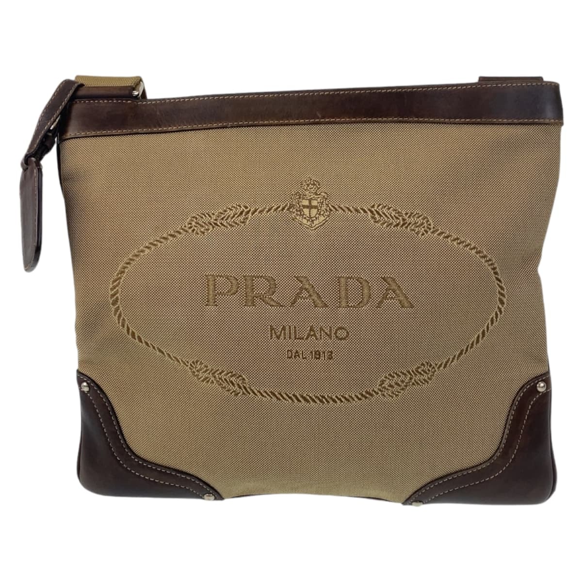 美品 PRADA プラダ ロゴジャガード ベージュ ブラウン シルバー金具 キャンバス ショルダーバッグ メッセンジャーバッグ 506304 【中古】