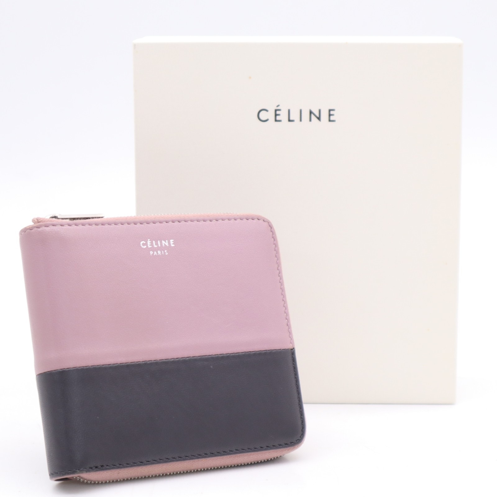 美品 CELINE セリーヌ カーフレザー スモールジップ マルチファンクション 105023AFF 二つ折り財布 ピンク ブラック カーフレザー レディース