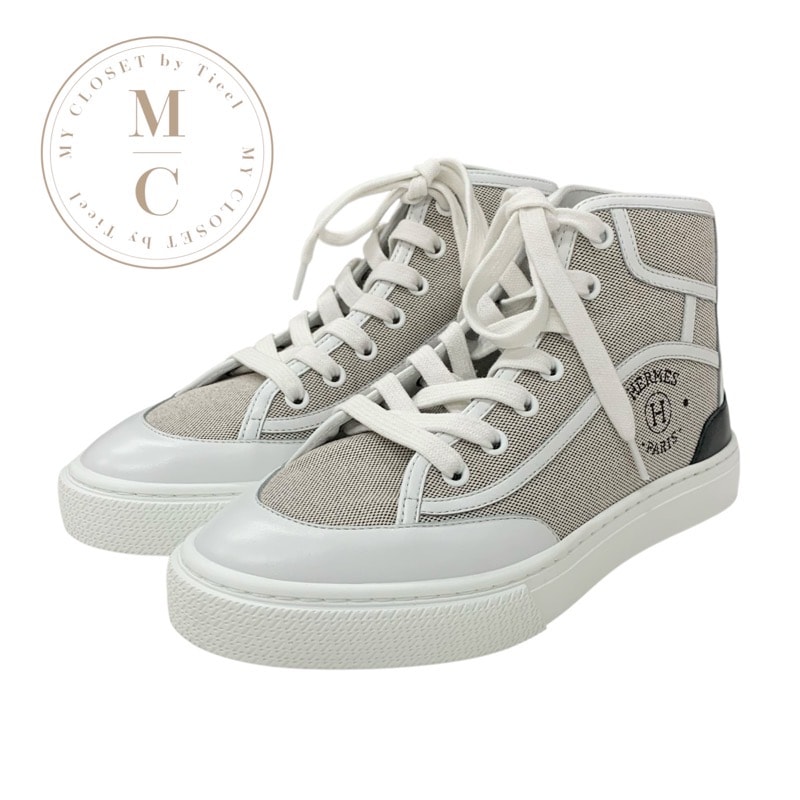 エルメス HERMES ゲットアップ スニーカー 靴 シューズ キャンバス レザー ベージュ ホワイト 未使用 ハイカットスニーカー ロゴ