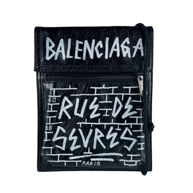 バレンシアガ BALENCIAGA ポシェット ポーチバッグ エクスプローラー グラフティ レザー ブラック/ホワイト レディース【中古】 z10589