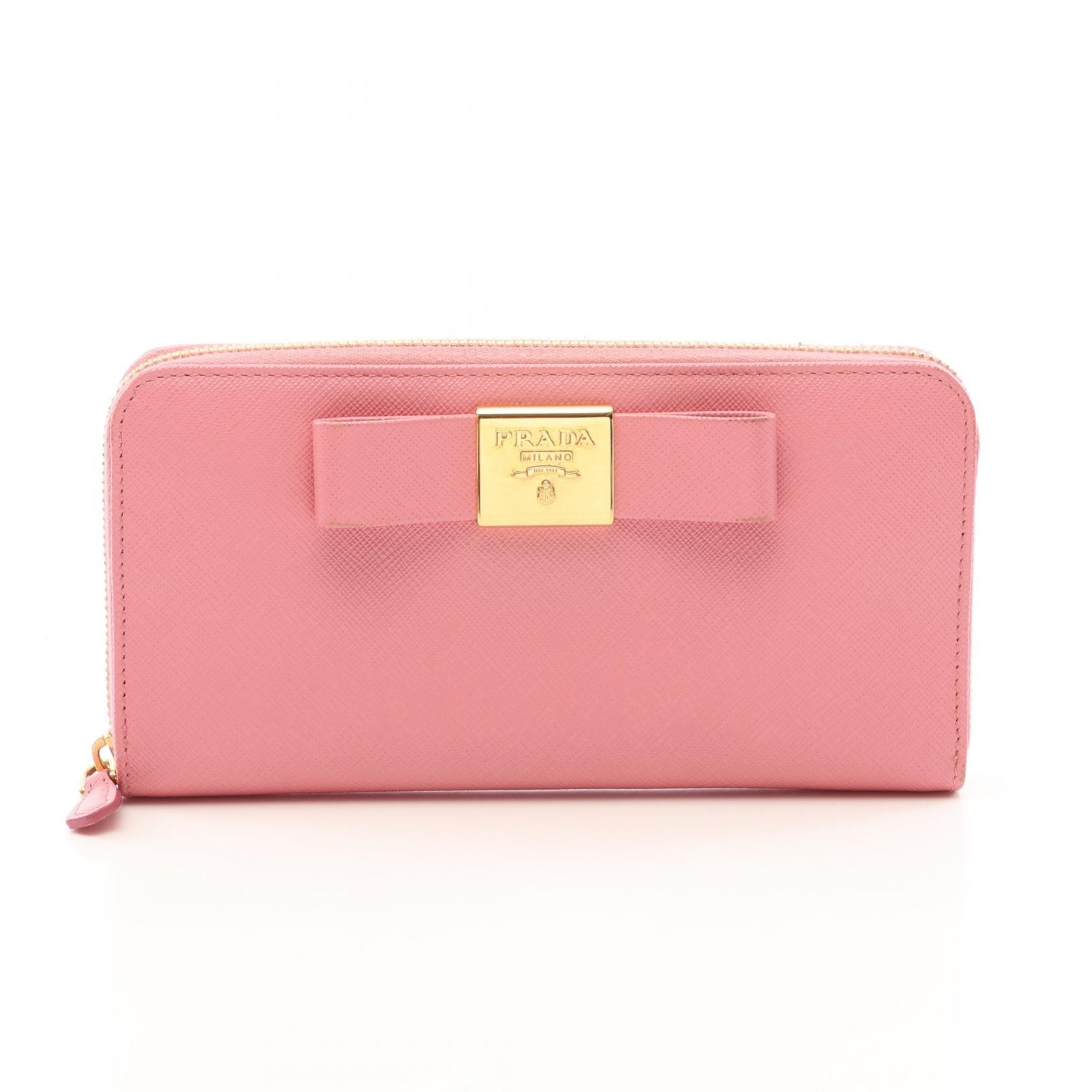 プラダ PRADA リボン ラウンド長財布 財布 サフィアーノレザー レディース ピンク系 【中古】