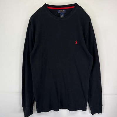 古着 ポロ・ラルフローレン POLO RALPH LAUREN 長袖Tシャツ サーマル ワンポイントロゴ刺繍 クルーネック M ブラック メンズ