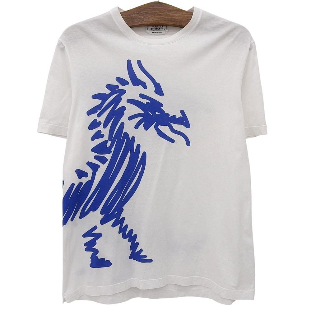 エルメス コットン100% ドラゴンプリント Tシャツ トップス メンズ ホワイト S 92-5771 S