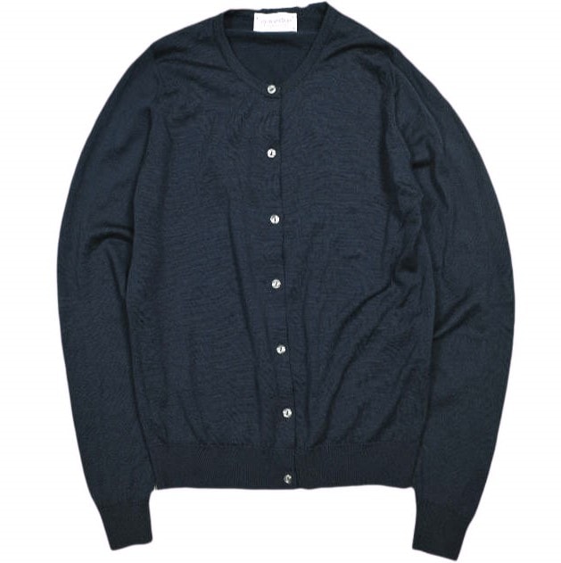 JOHN SMEDLEY ジョンスメドレー イギリス製 ピュアニューウール クルーネックカーディガン M NAVY ニット ハイゲージ トップス g25137