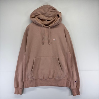 古着 チャンピオン Champion スウェット パーカー 刺繍 裏起毛 リバースウィーブ プルオーバー ワンポイント M ピンク 無地 メンズ