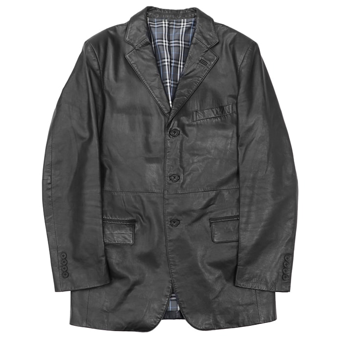SALE【美品】BURBERRY BLACK LABEL バーバリーブラックレーベル レザージャケット サイズ L メンズ ゴートレザー 山羊革 チェックライニング アウター ブラック 黒