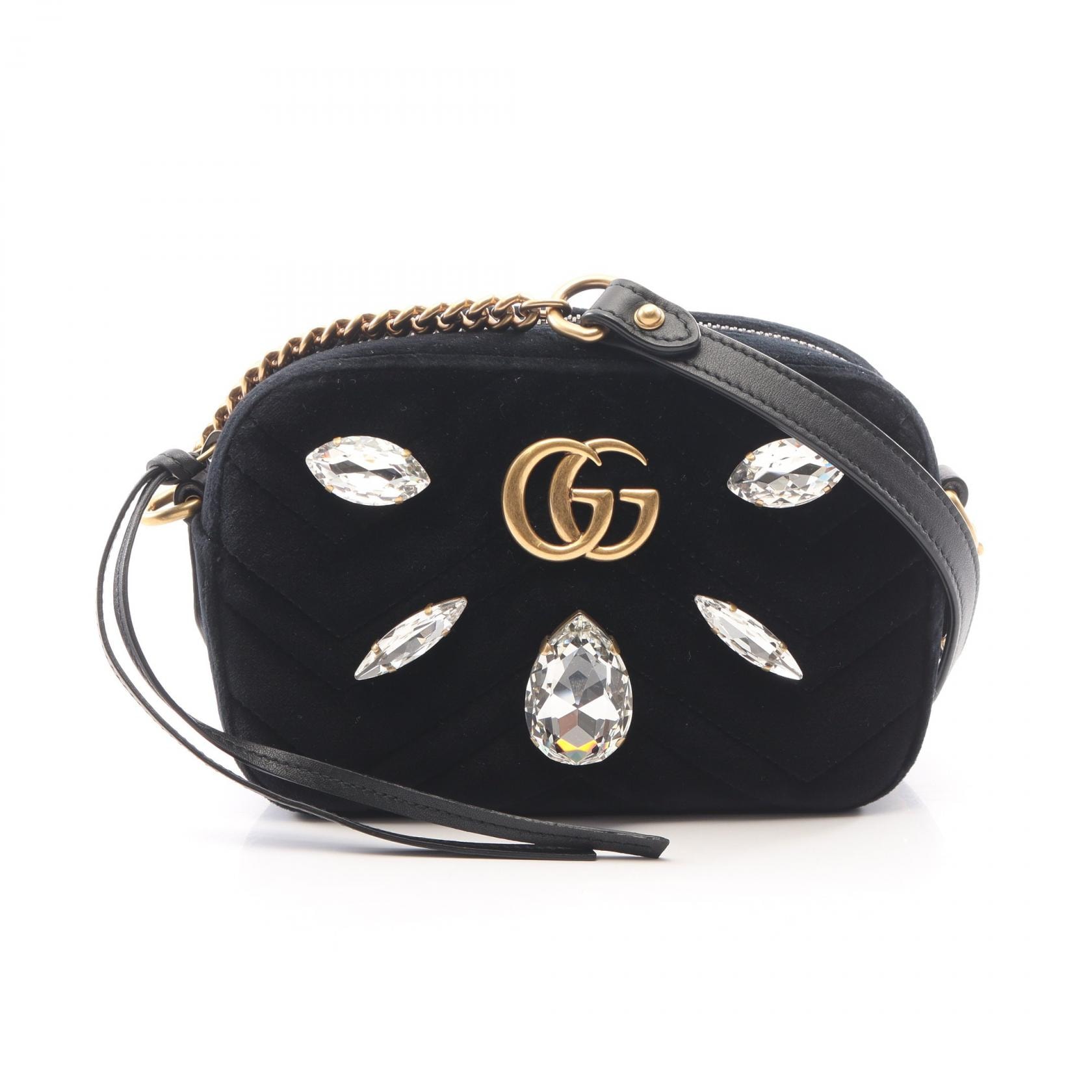グッチ GUCCI GGマーモント キルティング ミニバッグ ビジュー ショルダーバッグ バッグ ファブリック レザー レディース ブラック系 448065 【中古】