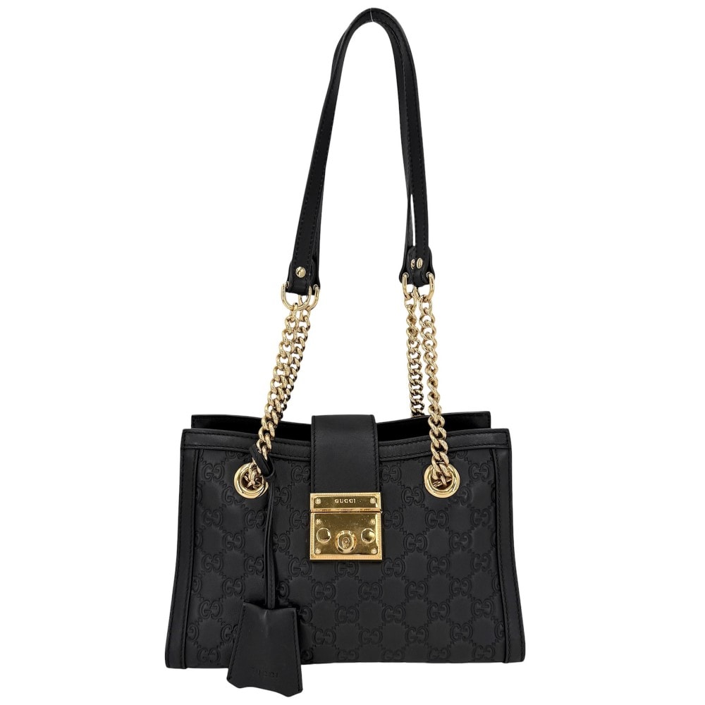 GUCCI グッチ ショルダーバッグ グッチシマ パドロック チェーンショルダー GG 肩掛け 498156 レザー    ブラック 黒 ゴールド金具 レディース【中古品】