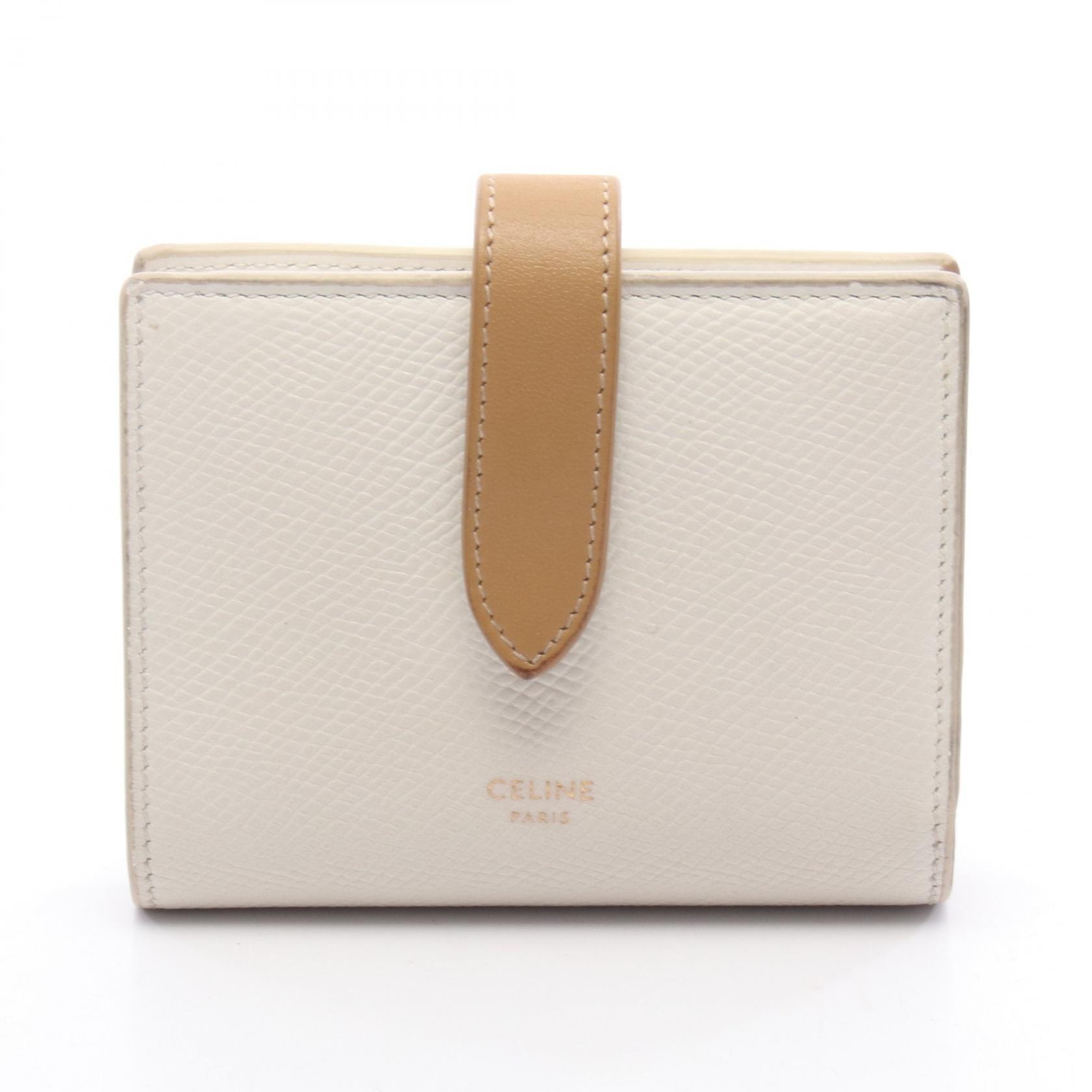 セリーヌ CELINE スモール ストラップウォレット 二つ折り財布 財布 レザー レディース ホワイト系 / ブラウン系 【中古】