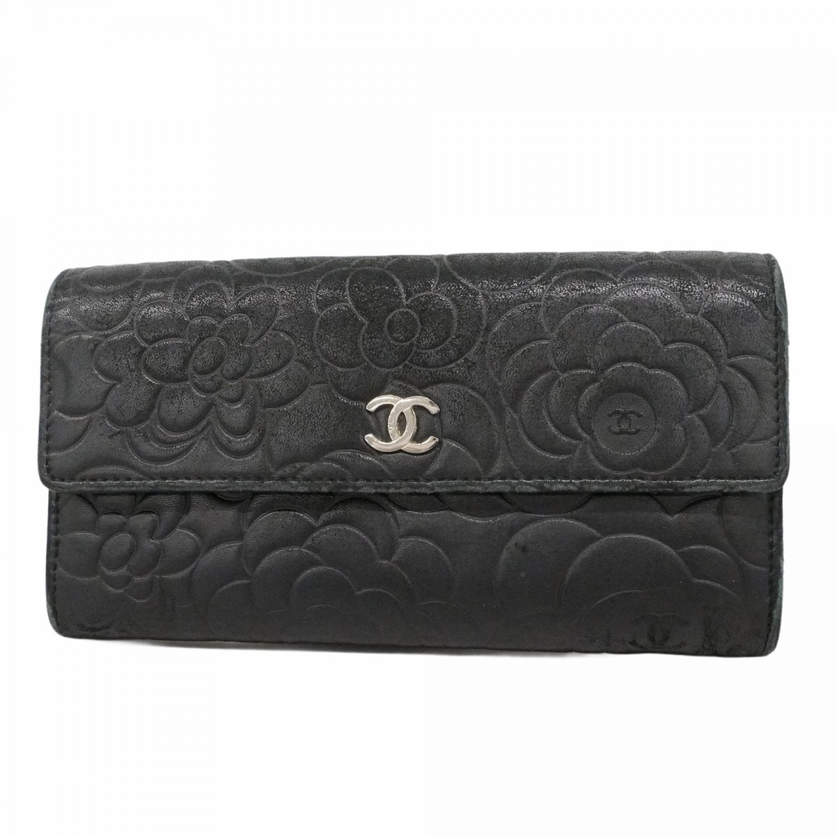 【6db1306-k】シャネル 長財布 カメリア ラムスキン ブラック シルバー金具【中古】レディース