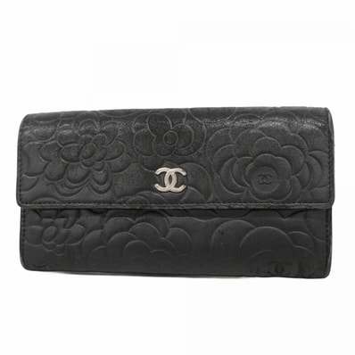 【6db1306-k】シャネル 長財布 カメリア ラムスキン ブラック シルバー金具【中古】レディース