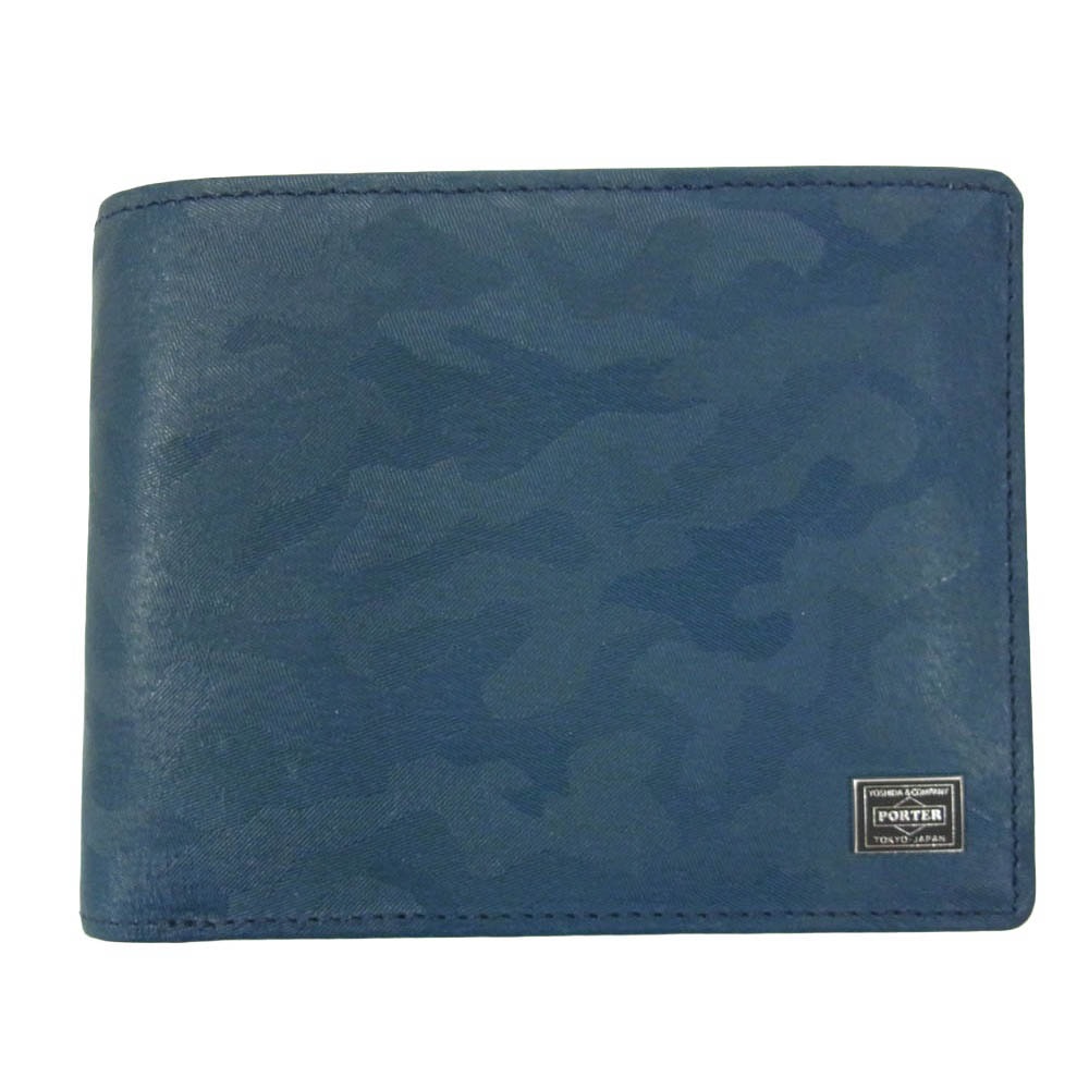 PORTER ポーター 342-03840 WONDER WALLET ワンダー 迷彩柄 エンボス加工 レザー 二つ折り財布 ウォレット ネイビー系【極上美品】【中古】