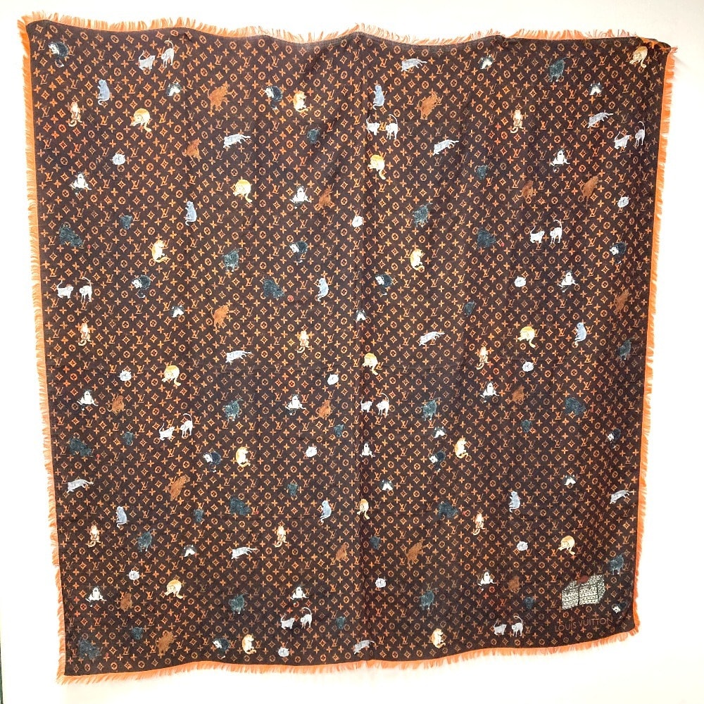 ルイヴィトン LOUIS VUITTON エトール キャットグラム MP2265  大判 スカーフ ネコ 猫 フリンジ ショール ストール ウール ブラウン 美品