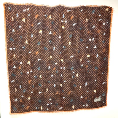 ルイヴィトン LOUIS VUITTON エトール キャットグラム MP2265 大判 スカーフ ネコ 猫 フリンジ ショール ストール ウール ブラウン 美品