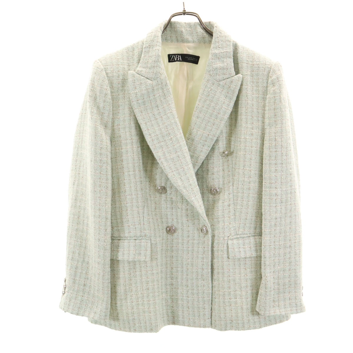 ZARA ザラ ツイード テーラードジャケット XL ミント系 ダブルボタン