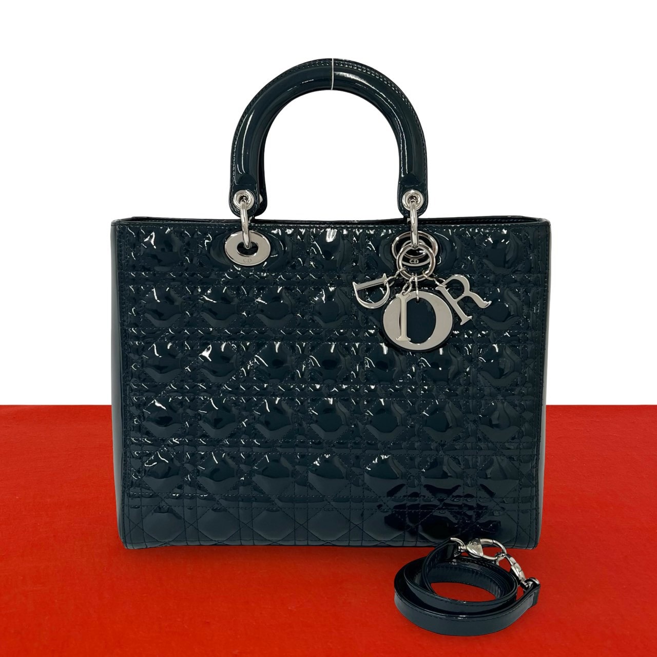 Christian Dior ディオール レディディオール カナージュ ステッチ エナメル レザー ショルダーバッグ グリーン
 84714