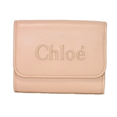 Chloe クロエ センス スモール トリフォールド ウォレット シャイニー カーフ スナップボタン 札入れ カードケース コインケース 未使用 ロゴ ステッチ セメントピンク 三つ折り財布 CHC23AP874