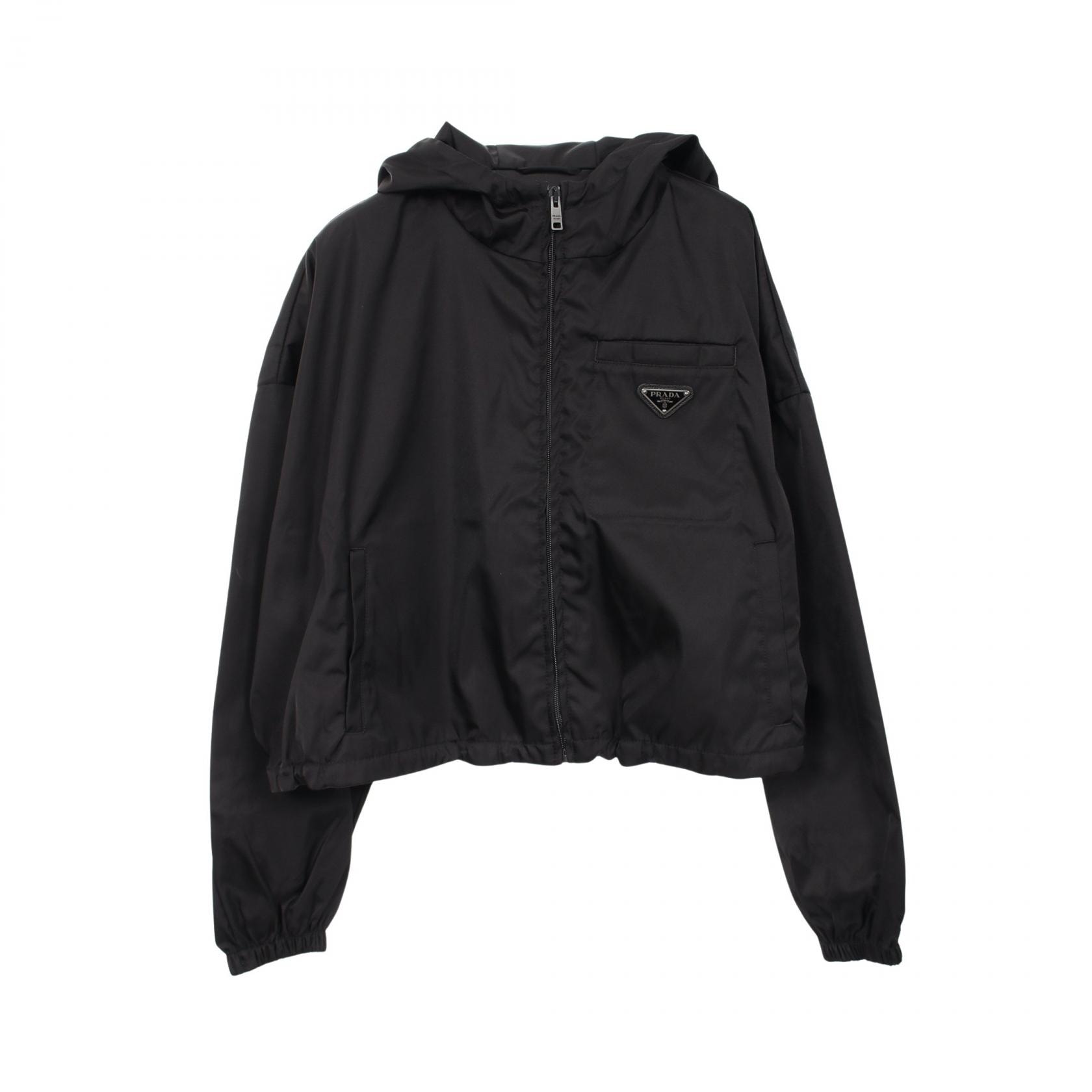 プラダ PRADA Re-Nylonトライアングルロゴ クロップド フード付き 衣料品 アウター ナイロン レディース ブラック系 【中古】