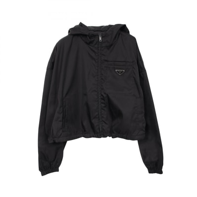 プラダ PRADA Re-Nylonトライアングルロゴ クロップド フード付き 衣料品 アウター ナイロン レディース ブラック系 【中古】