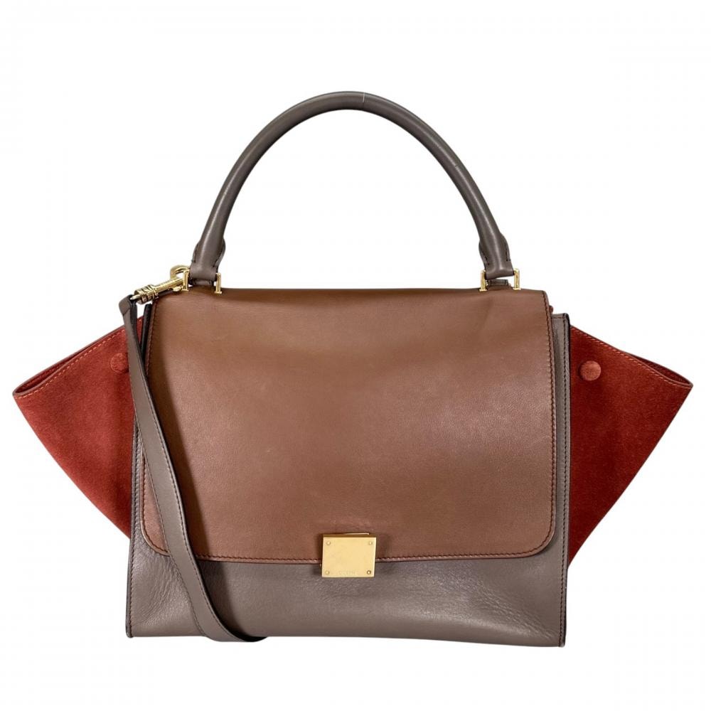 CELINE セリーヌ 2WAY サイドウィング トラペーズ ミディアム ハンドバッグ ショルダーバッグ 斜め掛け バイカラー スムースレザー ブラウン 茶 レッド 赤 ゴールド金具 レディース【中古品】