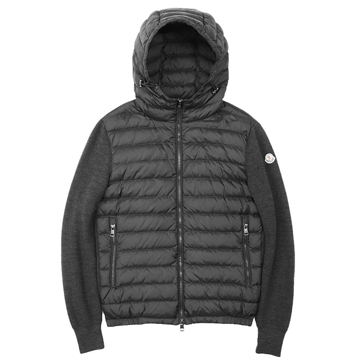【美品】MONCLER モンクレール ダウンジャケット MAGLIONE サイズ S メンズ ナイロン x ニット コンビネーション ロゴ ワッペン ジップアップ フーデッド アウター グレー 灰色