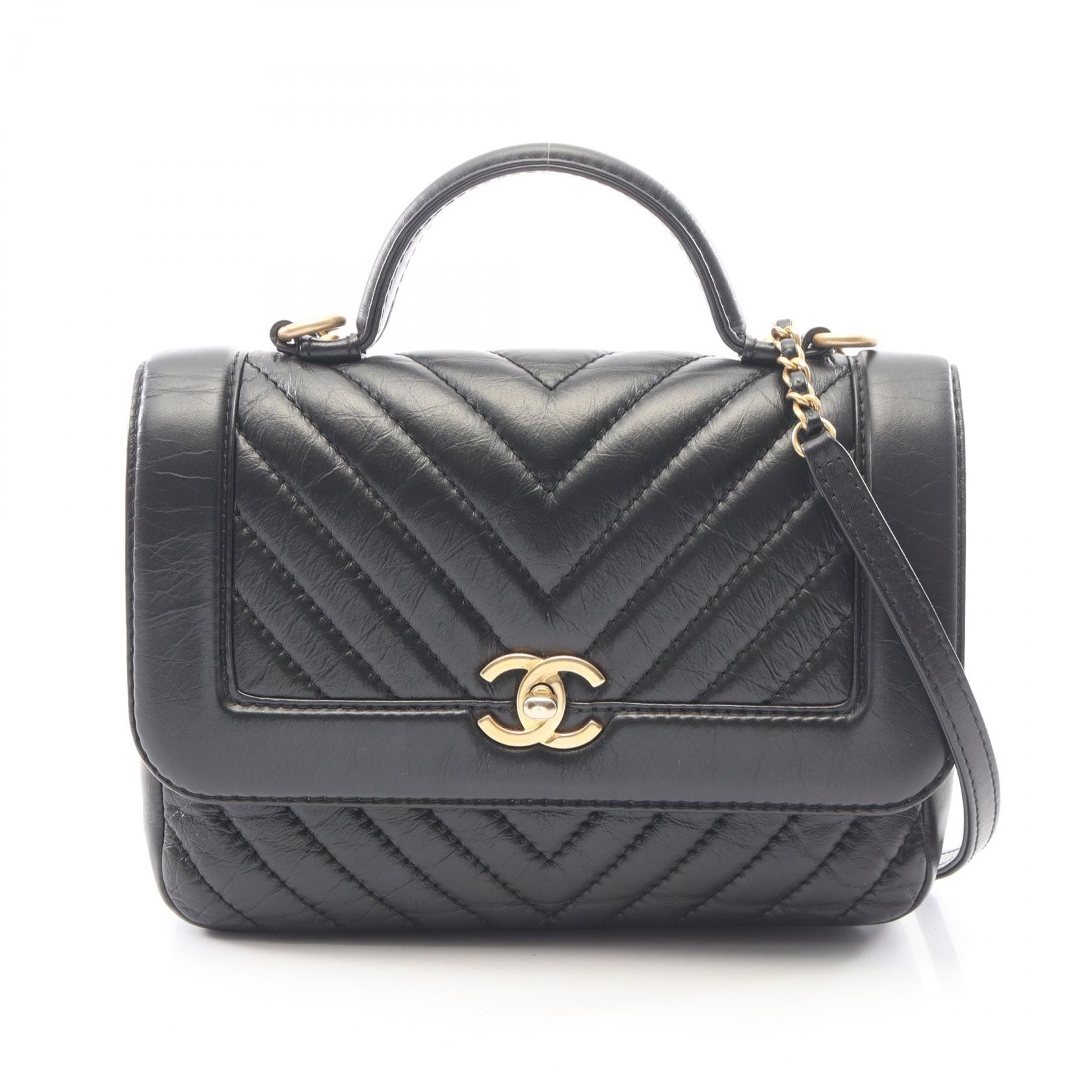 シャネル CHANEL マドモアゼル Vステッチ トップハンドル 2WAY ショルダーバッグ バッグ レザー レディース ブラック系 【中古】