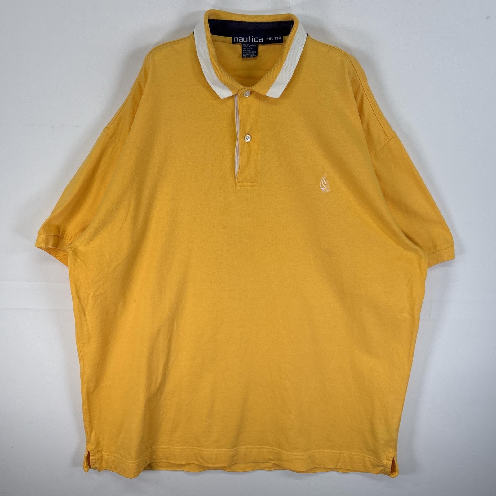 古着 90's/90年代 ノーティカ NAUTICA 半袖 ポロシャツ ロゴ 刺繍 2ボタン 小文字タグ 14041  イエロー 無地 メンズ