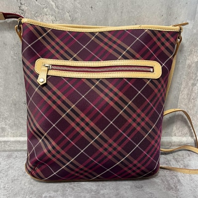 【BURBERRY】バーバリー ショルダーバッグ チェック柄 ボルドー ブラウン ベージュトリム フロントファスナー 斜め掛け レディース 総柄