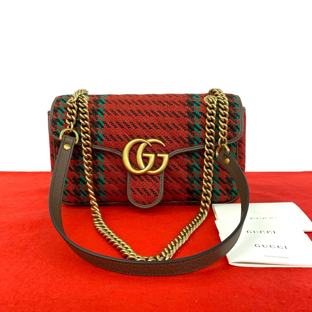 GUCCI グッチ GGマーモント ロゴ 金具 ツイード レザー ショルダーバッグ レッド
 86601