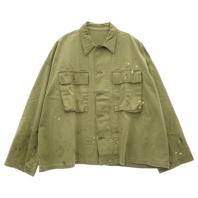 READY MADE レディメイド ミリタリージャケット 24AW RE-CO-KH-00-00-259 HERINGBONE SHIRT JACKET ピースマークステンシル ヴィンテージ加工 ヘリンボーン ミリタリー シャツ ジャケット カーキ系【中古】