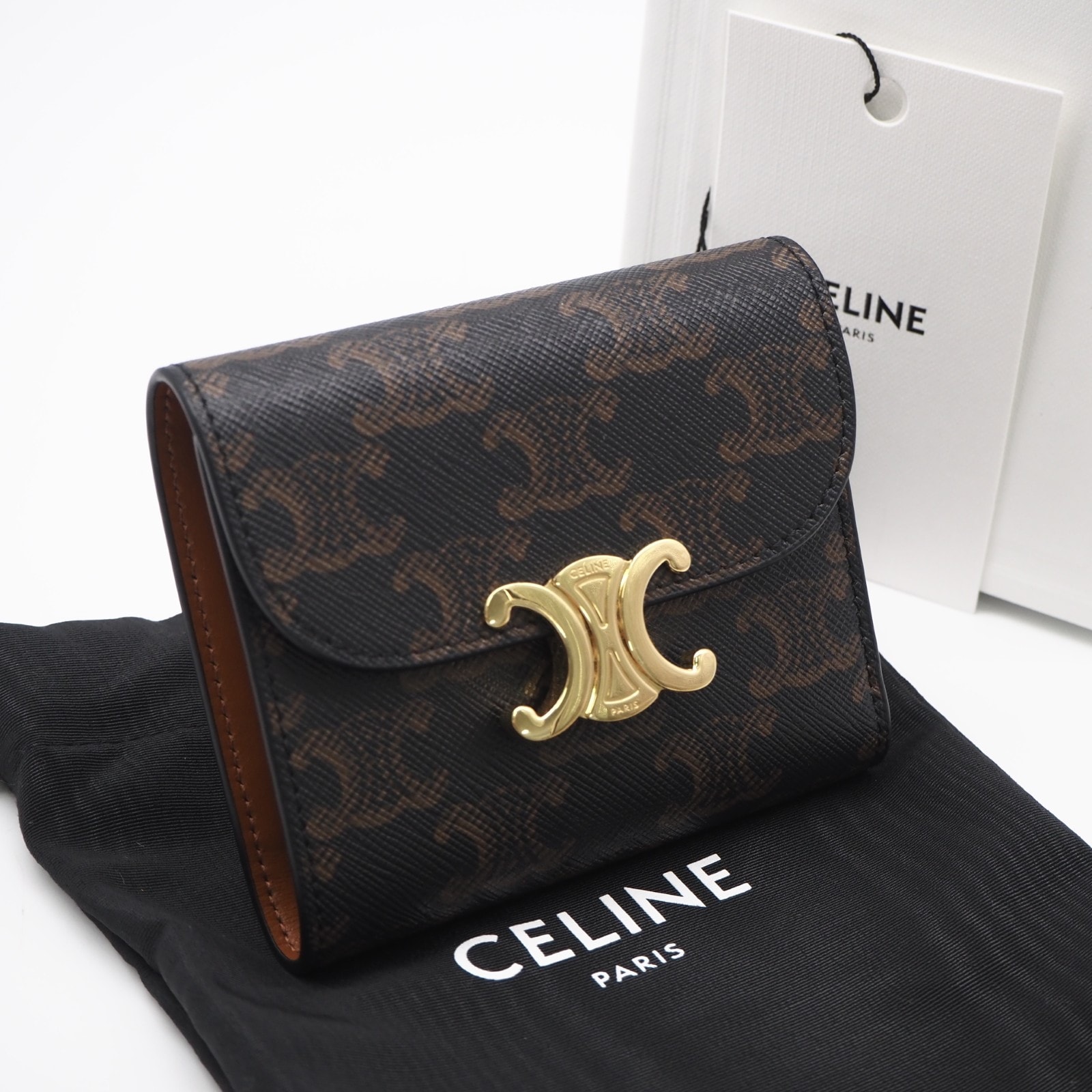 極美品 CELINE セリーヌ トリオンフキャンバス スモール フラップウォレット トリオンフ 10D782 三つ折り財布 ブラウン ベージュ コーティングキャンバス カーフレザー レディース