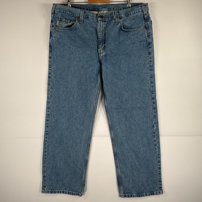 古着 カーハート Carhartt デニムパンツ ジーパン 5ポケット ワンポイント ロゴ ワークパンツ テーパード 大きいサイズ w42 L30 ブルー メンズ