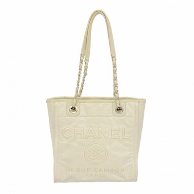 【6fd5598-k】シャネル チェーントート ドーヴィル レザー アイボリー シルバー金具【中古】レディース