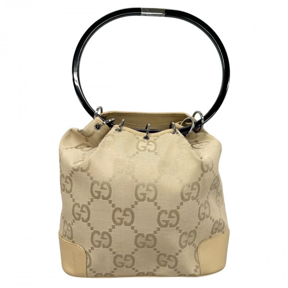 GUCCI グッチ ハンドバッグ リングハンドル 巾着型 001-3750 GGキャンバス ベージュ シルバー金具 レディース【中古品】
