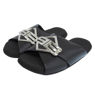 バレンシアガ 新品同様 SUNSET FLAT MULE BBロゴメタルプレート レザー サンダル シューズ メンズ ブラック 43 828478 25SS 43