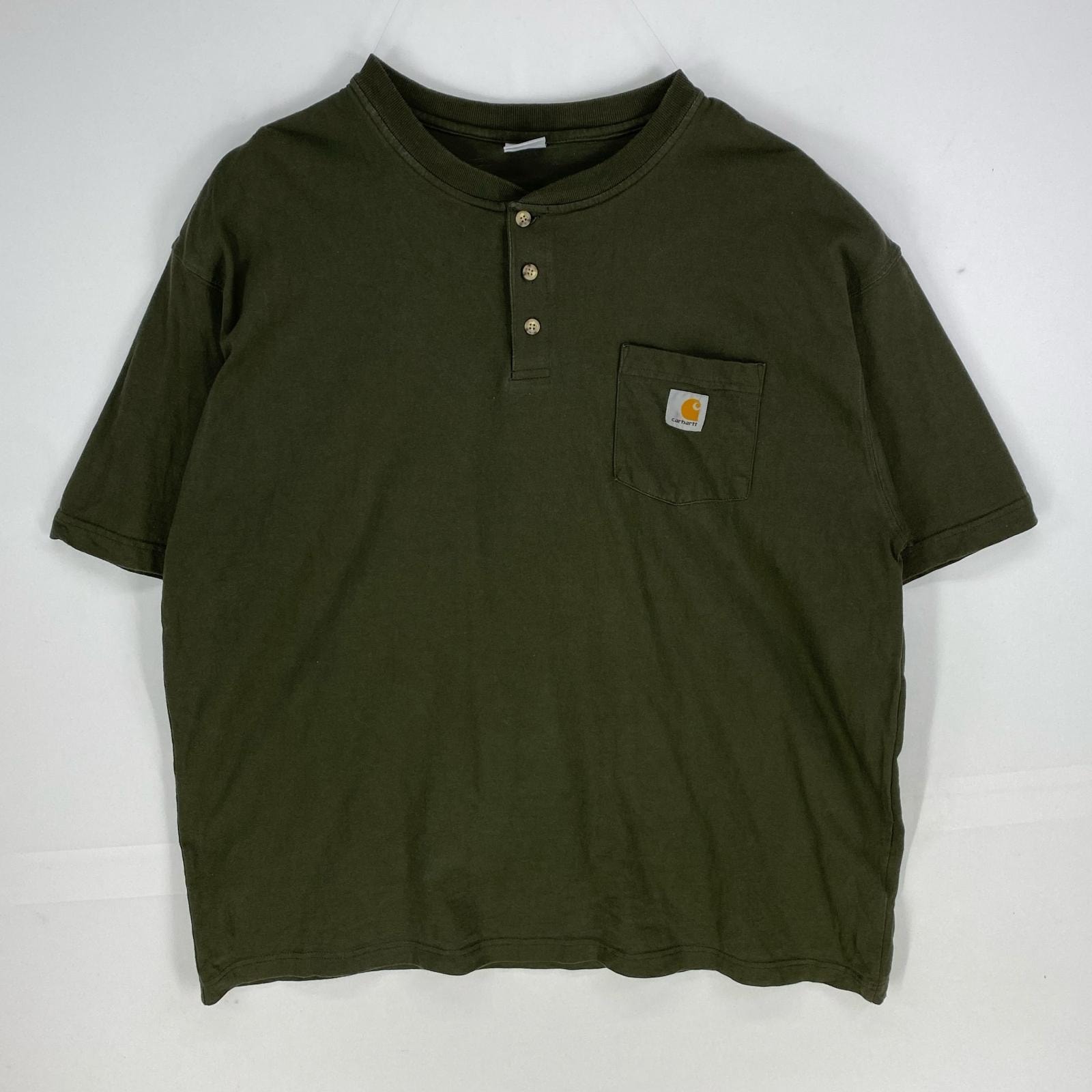 古着 カーハート Carhartt 半袖Tシャツ ヘンリーネック 胸ポケット ショートスリーブ ワンポイント XL  カーキ系 メンズ