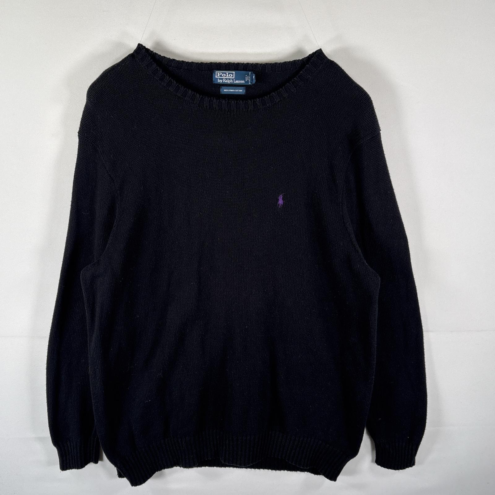 古着 90's/90年代 ポロバイラルフローレン Polo by Ralph Lauren セーター コットンニット クルーネック ワンポイントロゴ 大きいサイズ 2XLT  ブラック メンズ