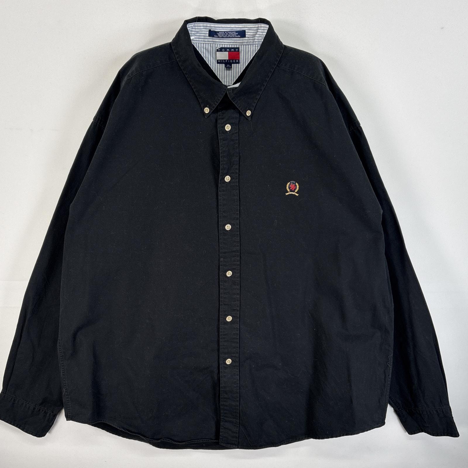 古着 90's/90年代 トミーヒルフィガー TOMMY HILFIGER 長袖シャツ ワンポイント ロゴ 刺繍 ボタンダウンシャツ 大きいサイズ XL  ブラック 無地 メンズ