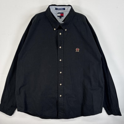 古着 90's/90年代 トミーヒルフィガー TOMMY HILFIGER 長袖シャツ ワンポイント ロゴ 刺繍 ボタンダウンシャツ 大きいサイズ XL ブラック 無地 メンズ